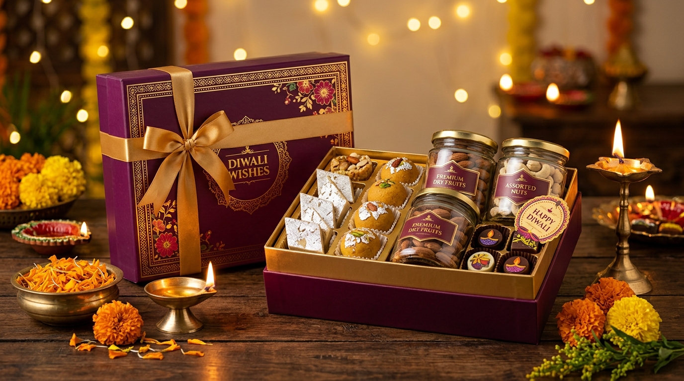 APNA TOHFA Luxury Diwali Gift Hamper with sweets, brass diyas and dry fruits